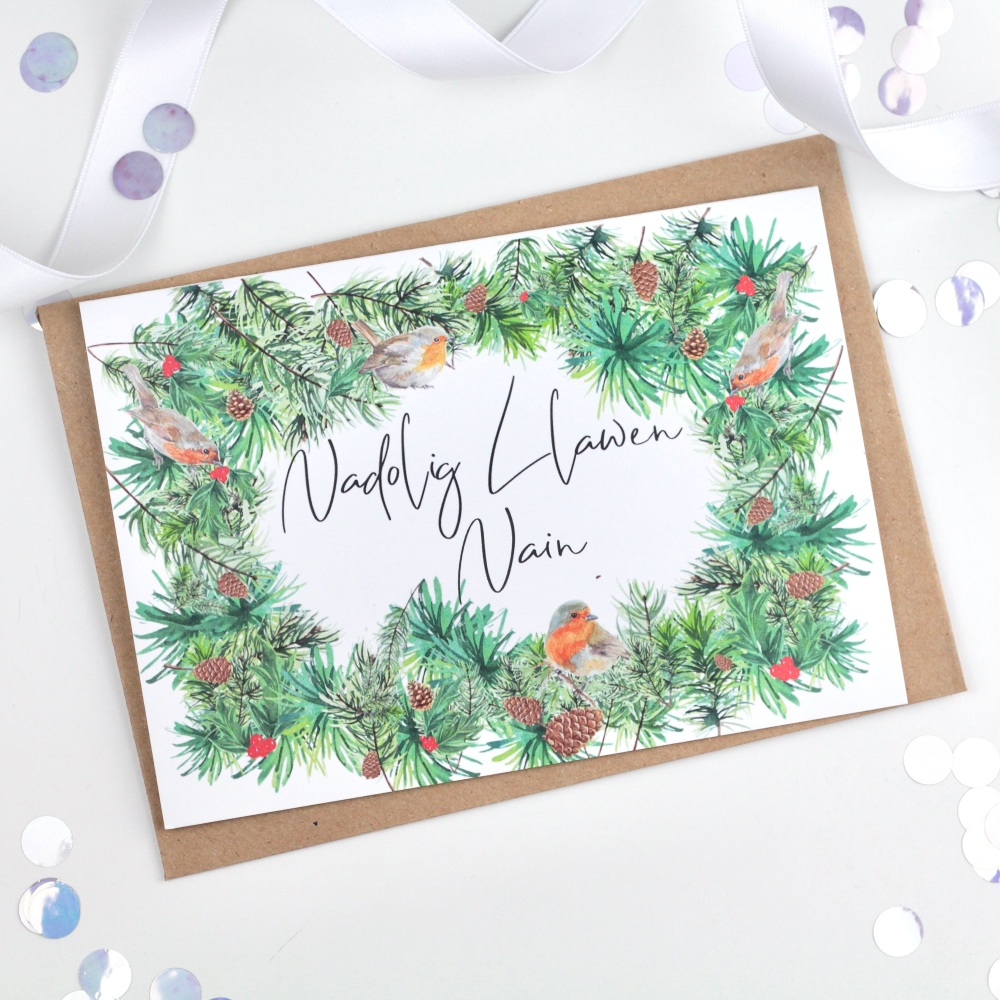 Greenery Wreath - Nadolig Llawen Nain - Card  