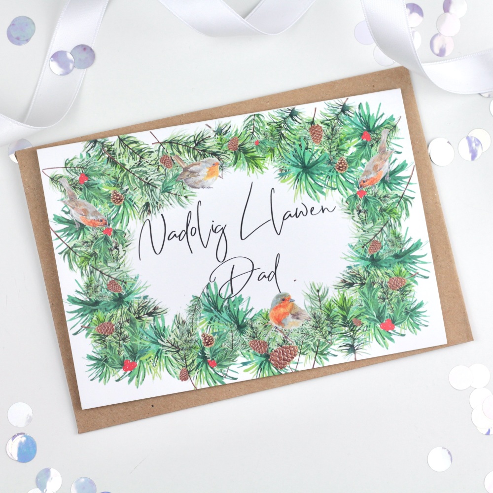 Greenery Wreath - Nadolig Llawen Dad - Card  