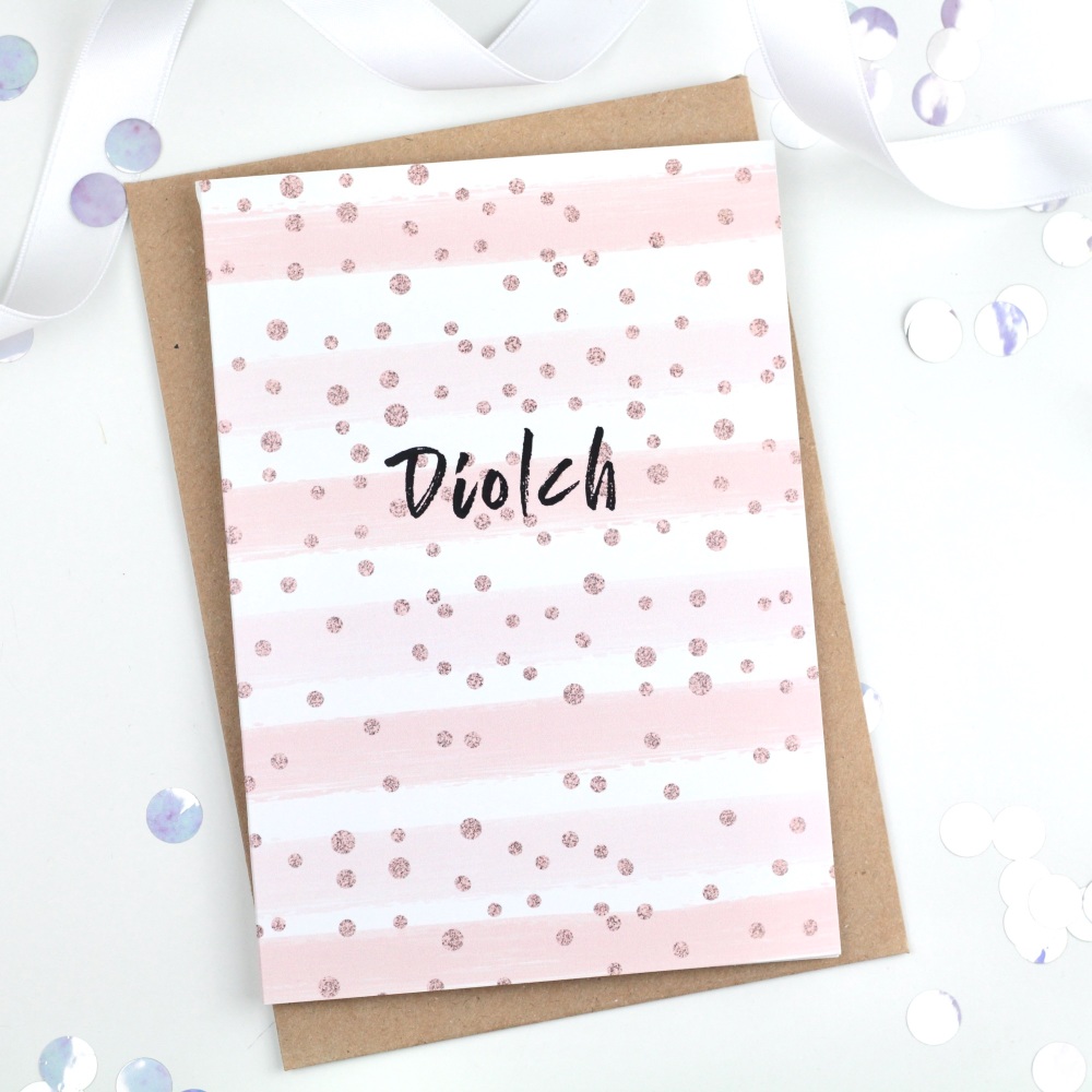 Pink & Rose Gold  Stripe - Diolch - Card