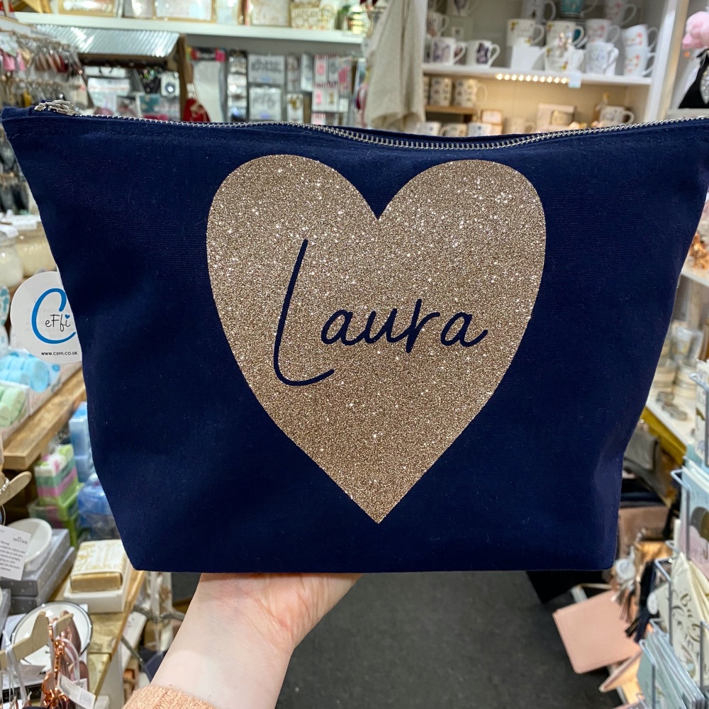 Personalised rose gold heart bag, personalised wash bag, navy and rose gold