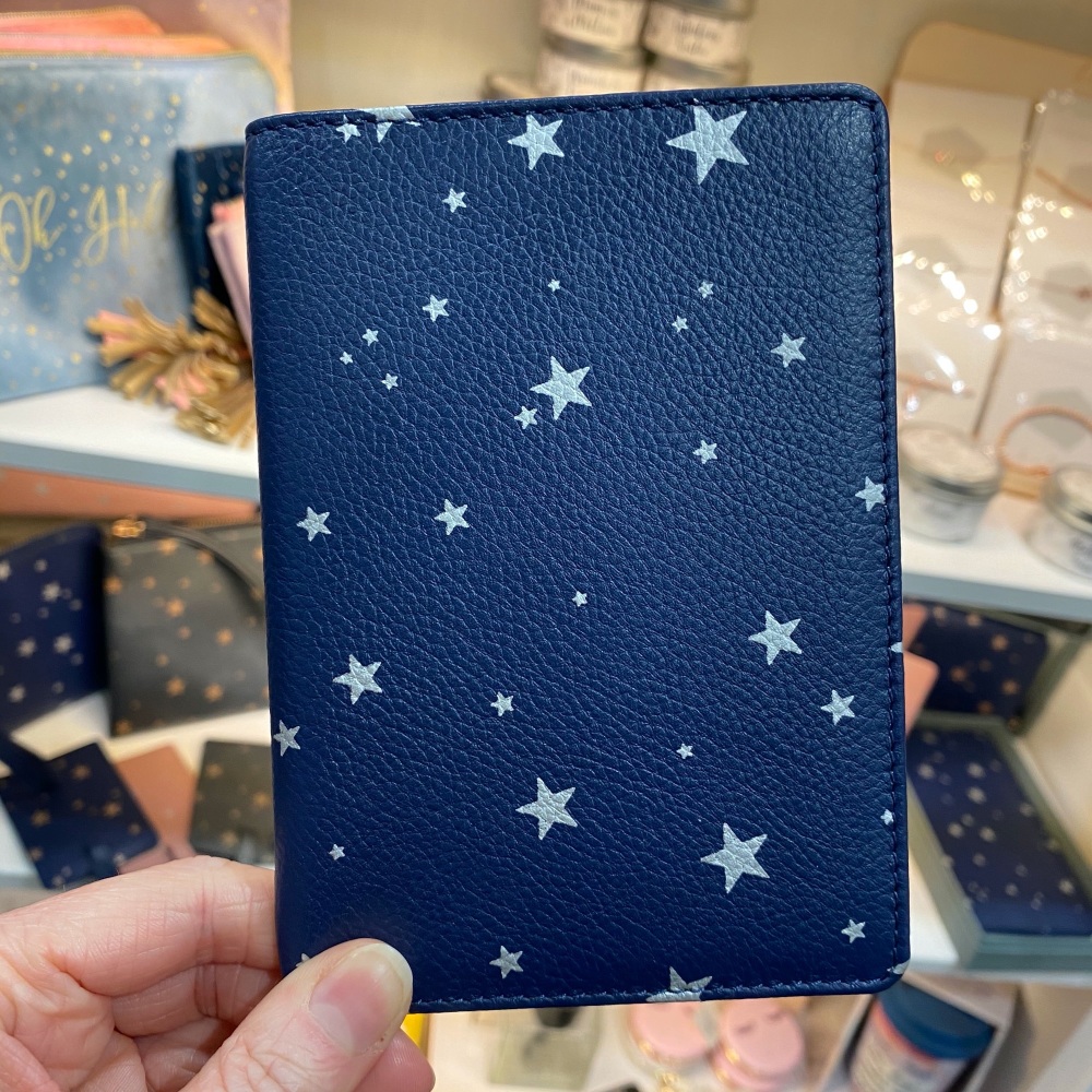 Navy leather starry wallet, leather travel wallet, starry leather travel wa