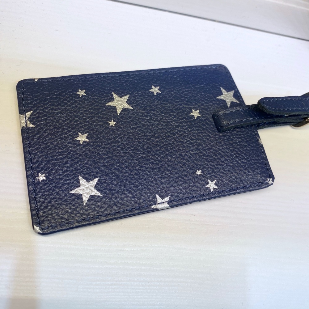 Navy and silver leather luggage tag, leather luggage tag, starry leather