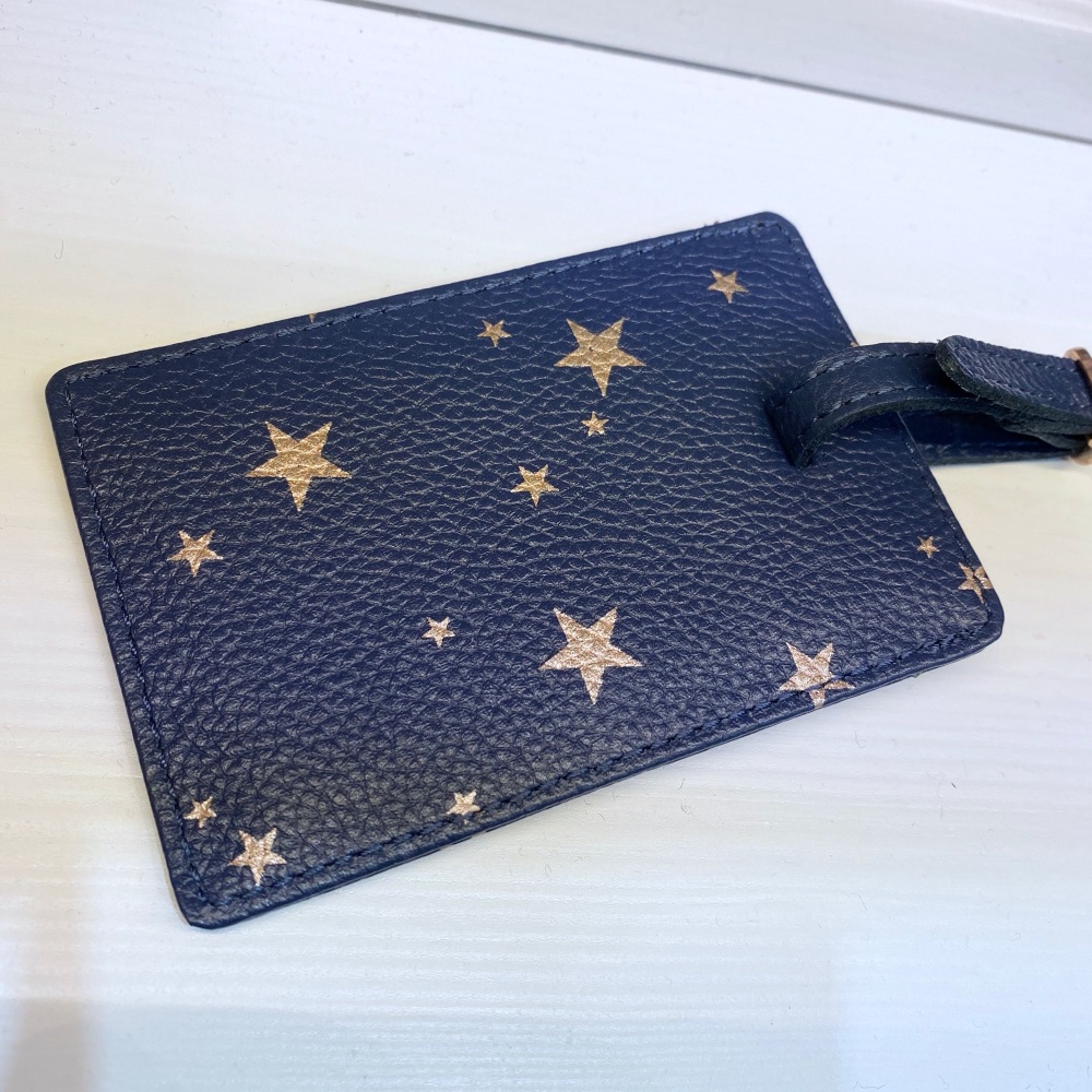 Navy and rose gold leather luggage tag, leather luggage tag, starry leather