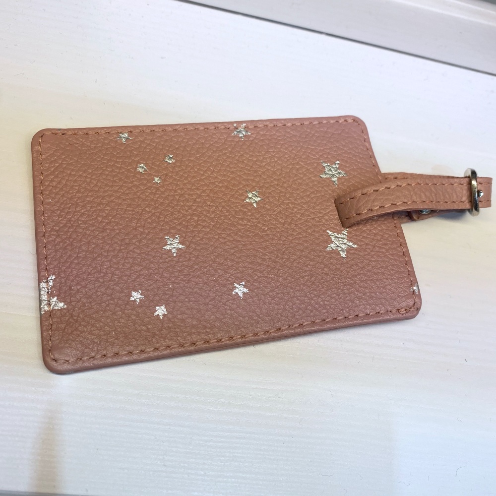 pink and silver leather luggage tag, leather luggage tag, starry leather
