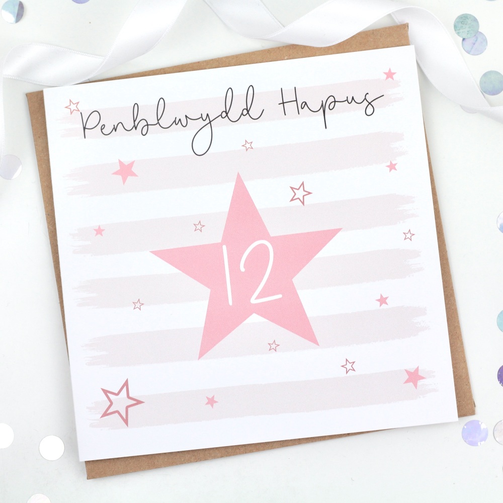 Pink Starry Stripes - Penblwydd Hapus 12 - Card