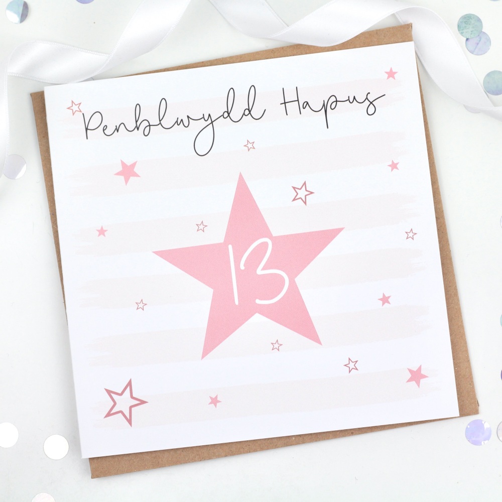 Pink Starry Stripes - Penblwydd Hapus 13 - Card