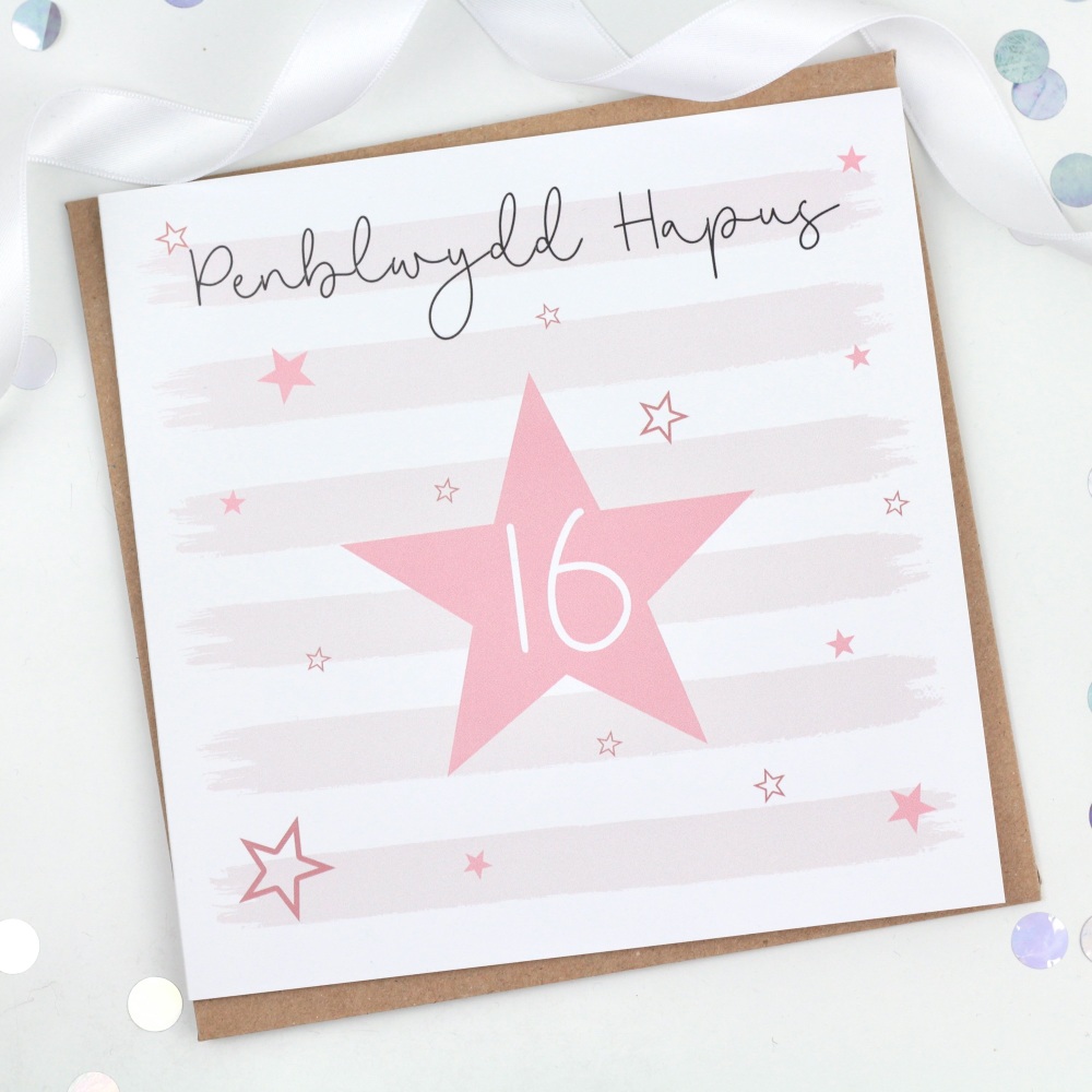 Pink Starry Stripes - Penblwydd Hapus 16 - Card