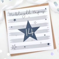 Blue Starry Stripes - Penblwydd Hapus 14 - Card