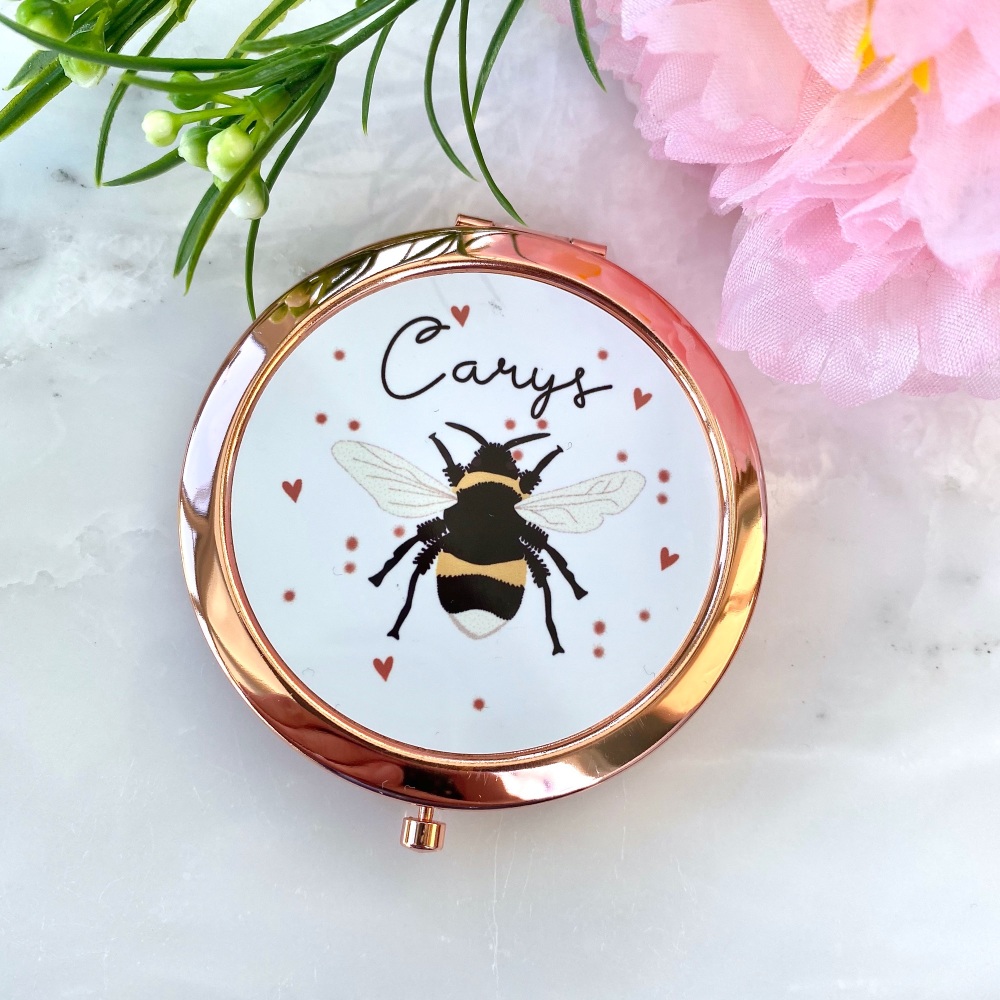 Personalised bee mirror, bee mirror, bee compact mirror, bee name mirror | 