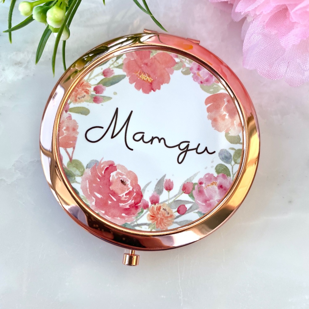 Drych mamgu, mamgu mirror, anrhegion cymraeg, Rose gold compact mirror | Ce