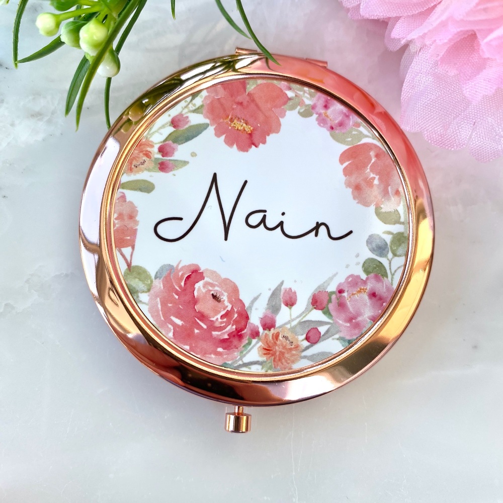 Drych nain, nain mirror, anrhegion cymraeg, Rose gold compact mirror | CeFf