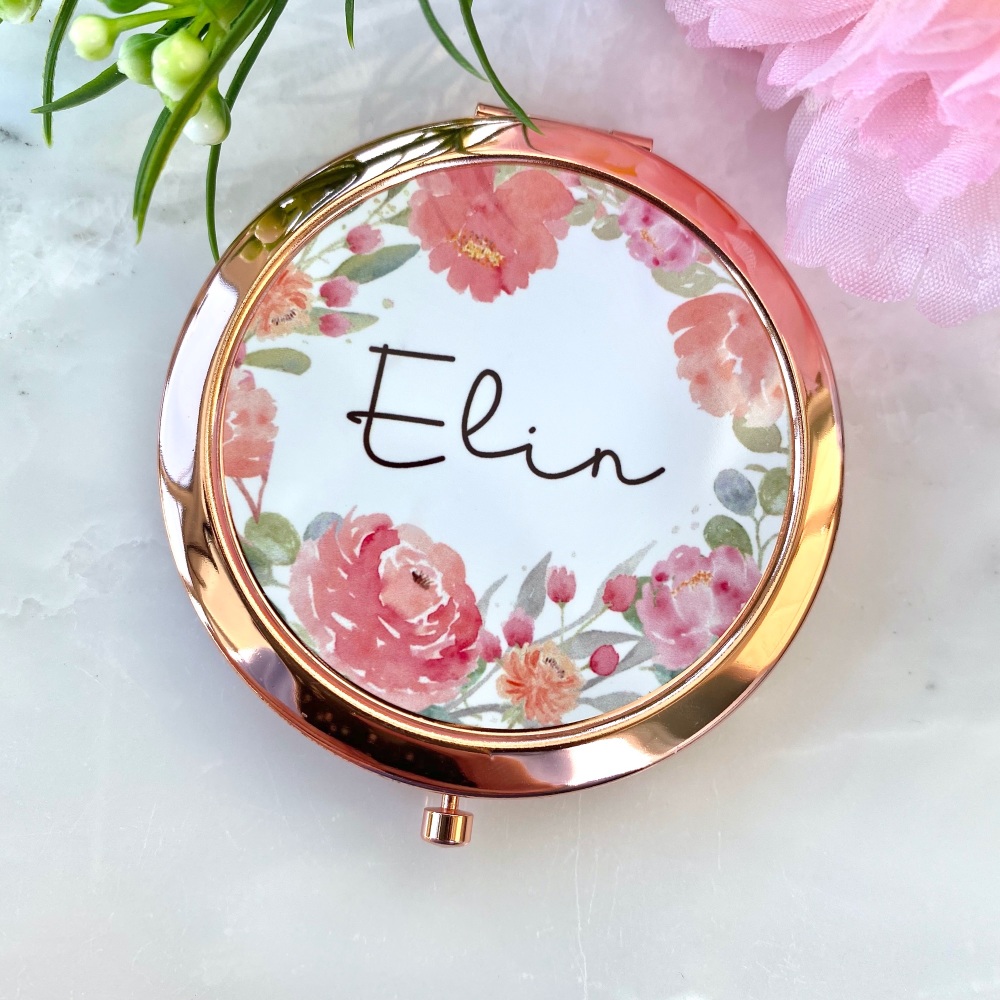 Personalised - Floral - Compact Mirror - Rose Gold