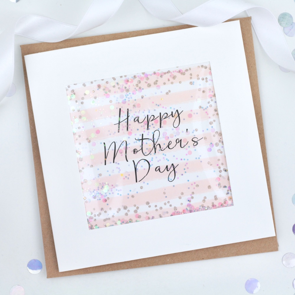 happy mothers day card, rose gold and pink mothers day card, confetti card
