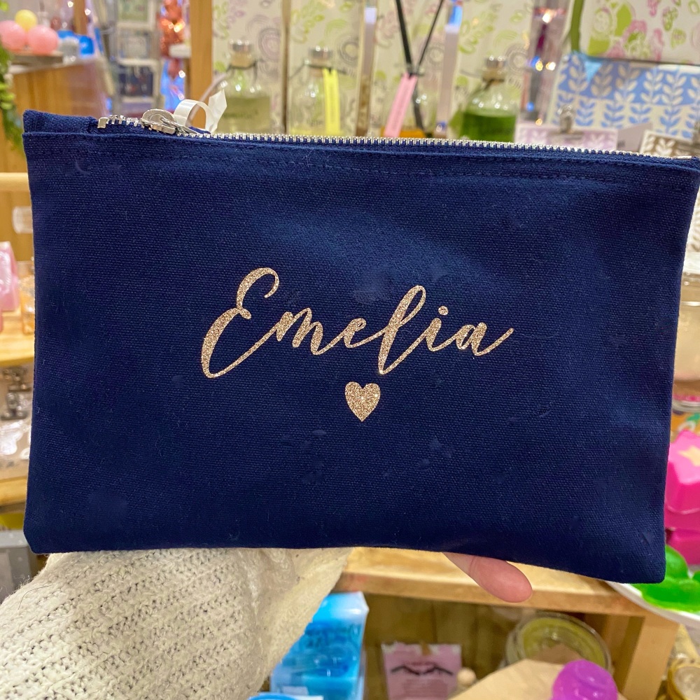 Personalised pouch bag, rose gold and navy bag