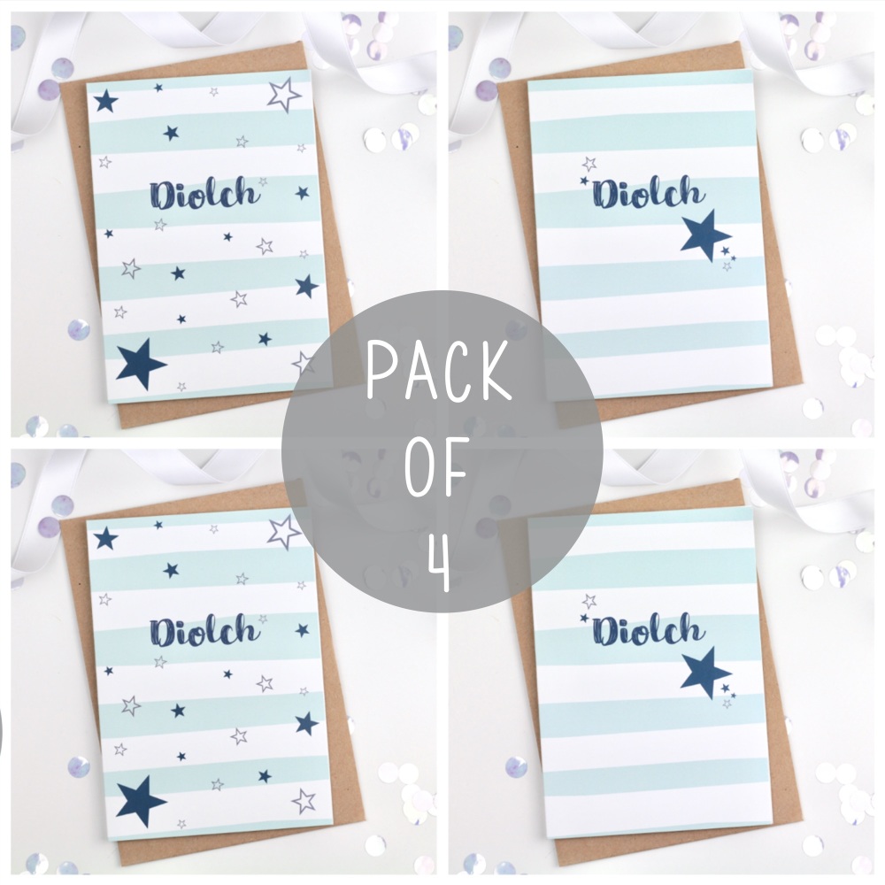 Blue Starry Stripe - Diolch - Card Pack - 4