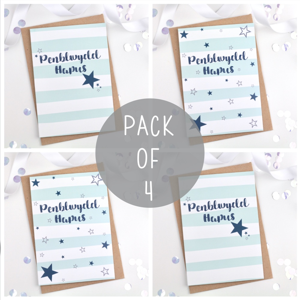 Blue  - Penblwydd Hapus - Card Pack - 4