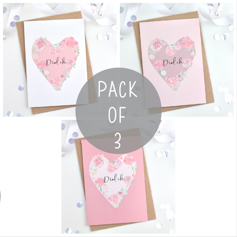 Floral Heart - Diolch - Card Pack - 3