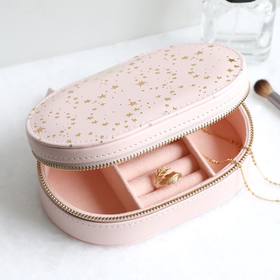 pink and gold star jewellery box, travelling jewellery box pink
