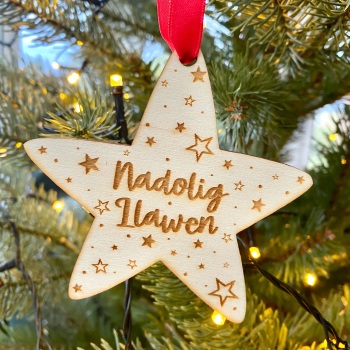 Nadolig Llawen - Wooden Star Hanging Decoration - Red/White Ribbon Choice