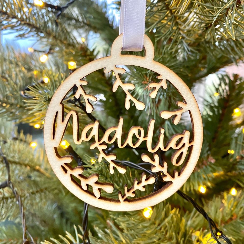 Nadolig Sprig - Cut Out Wooden Hanging Decoration - Red/White Ribbon Choice