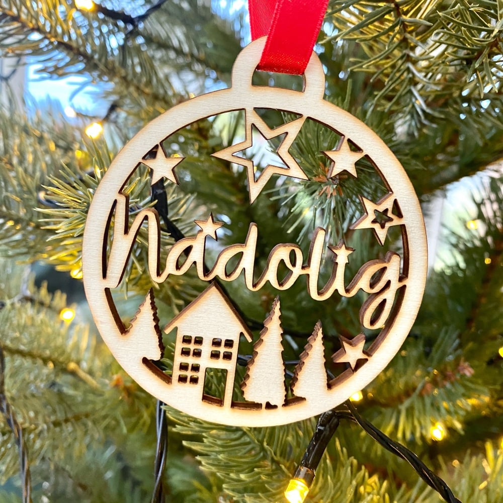 Nadolig Christmas Village - Cut Out Wooden Hanging Decoration - Red/White Ribbon Choice