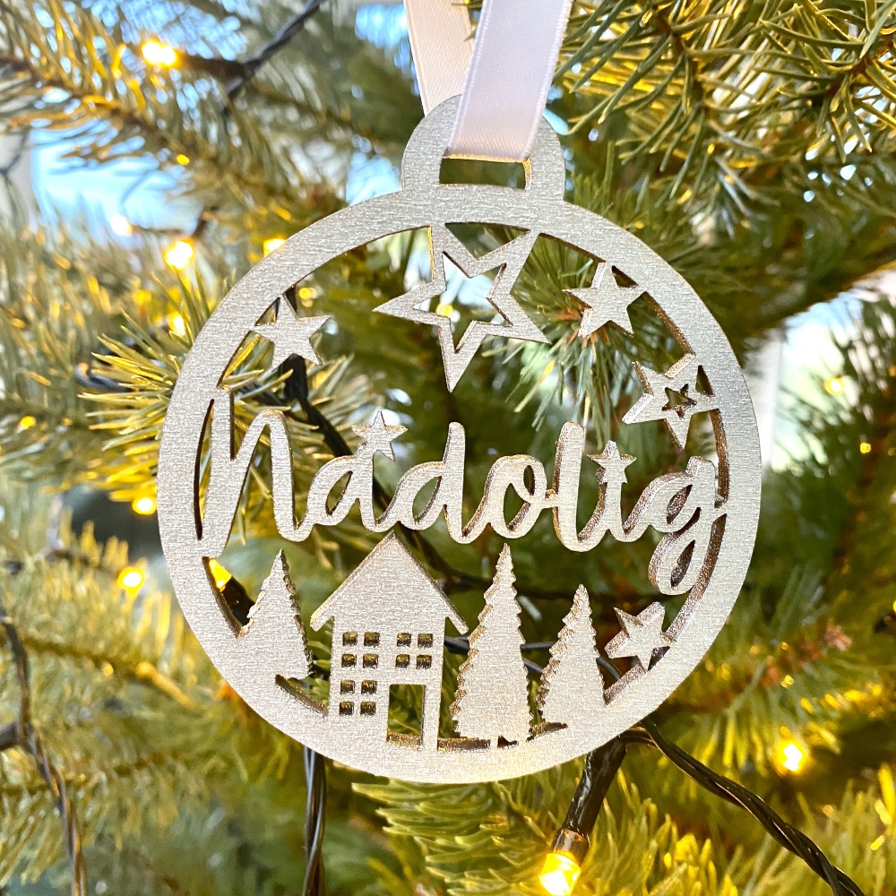 Nadolig Christmas Village - Cut Out Wooden Hanging Decoration - Silver