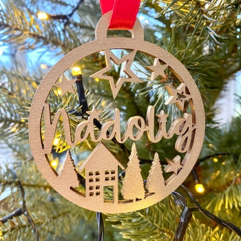 Nadolig Christmas Village - Cut Out Wooden Hanging Decoration - Gold