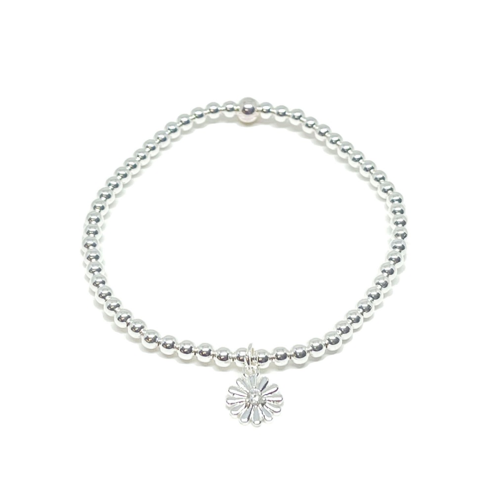 silver daisy beaded bracelet, daisy beaded bracelet,  daisy stretch bracele