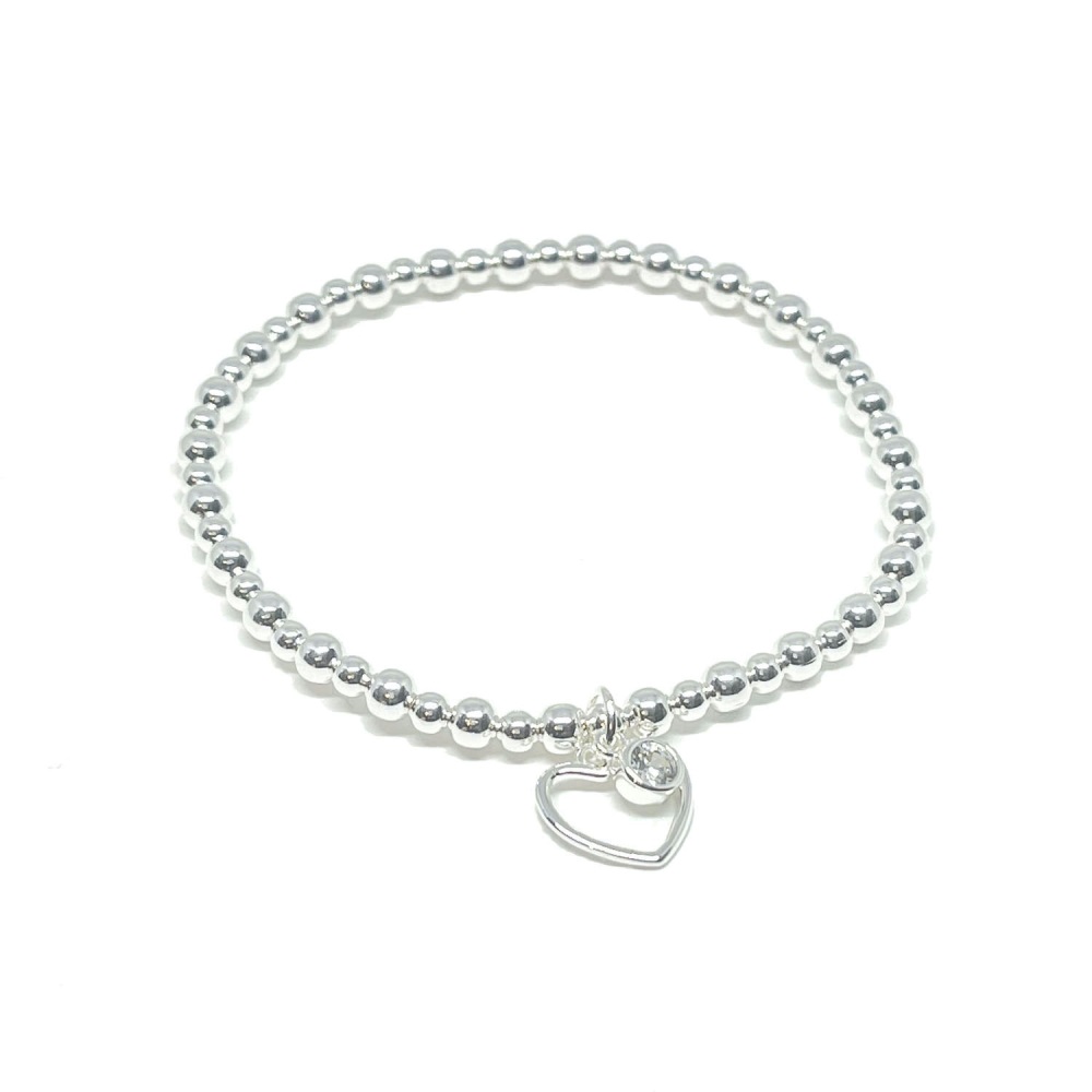 Sparkly heart stretch bracelet, beaded silver heart stretch bracelet 