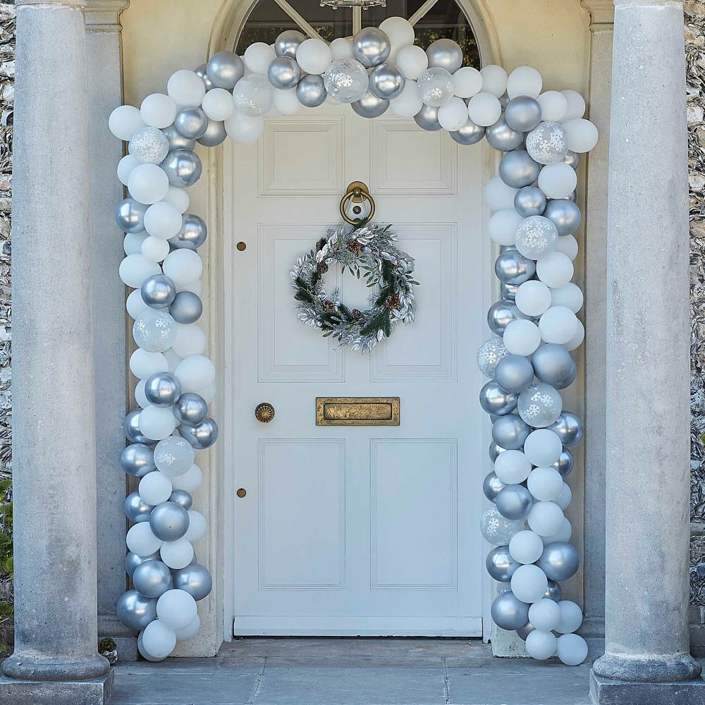 silver and white christmas door balloon arch, balloon arch silver and white