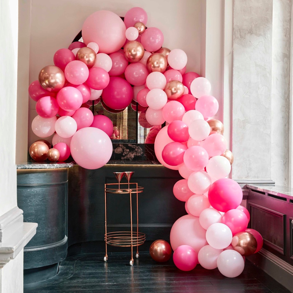 pink and rose gold balloon arch, balloon arch rose gold and pink