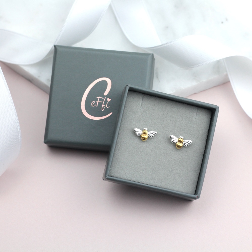 silver and gold bee earrings, bee earrings, sterling silver bee earrings, c