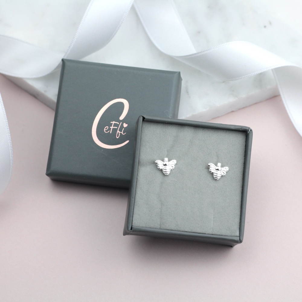 Small Sterling Silver Bumble Bee earrings - CeFfi Jewellery