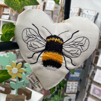 Bumble Bee Heart Hanging Decoration - Cream & Blue Bee Pattern