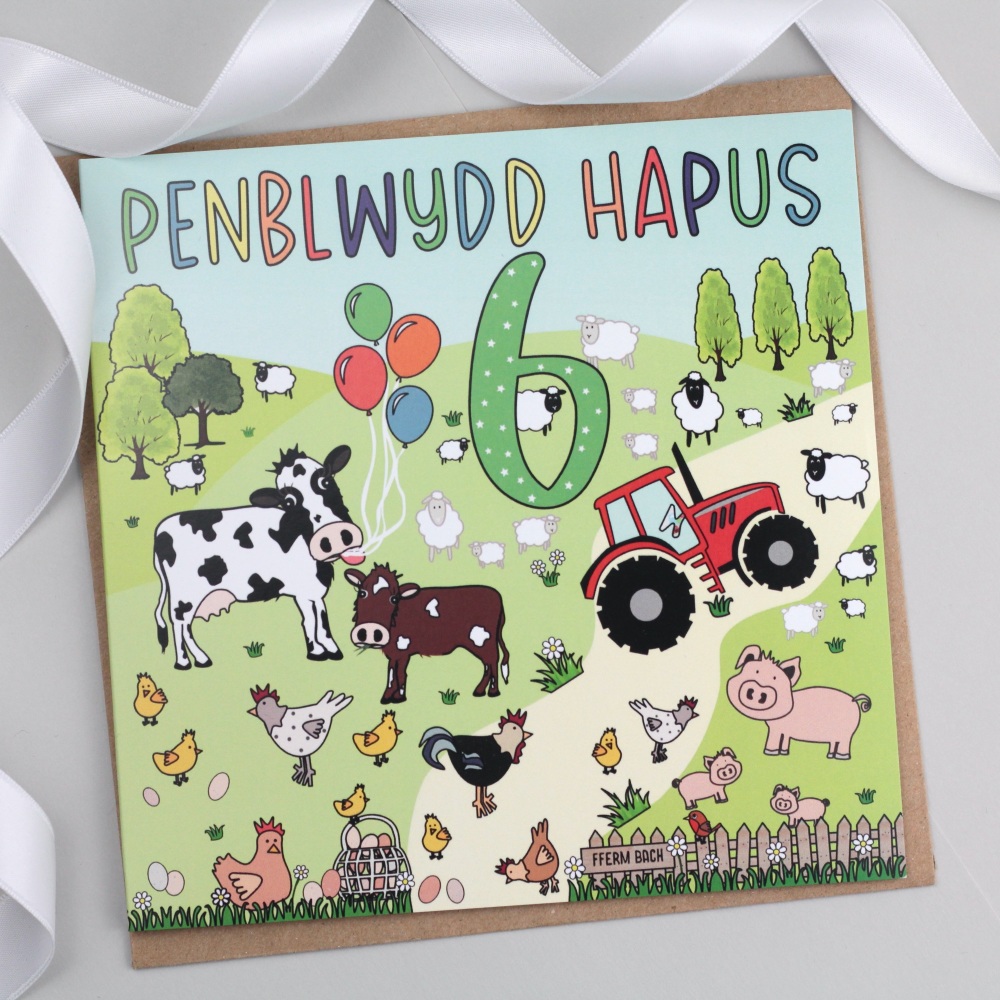 Cerdyn Penblwydd Hapus 6 Fferm - Farm Welsh 6th Birthday Card | Cardiau Cym
