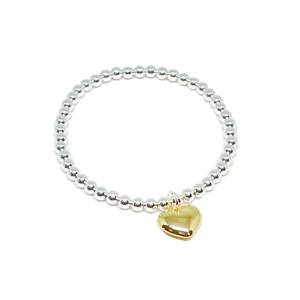 Large Puffed Heart Silver Plated Bracelet - Gold Heart
