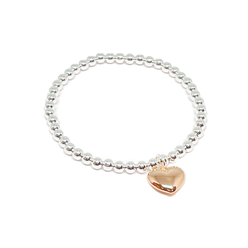 Large Puffed Heart Silver Plated Bracelet - Rose Gold Heart, stretch bracel