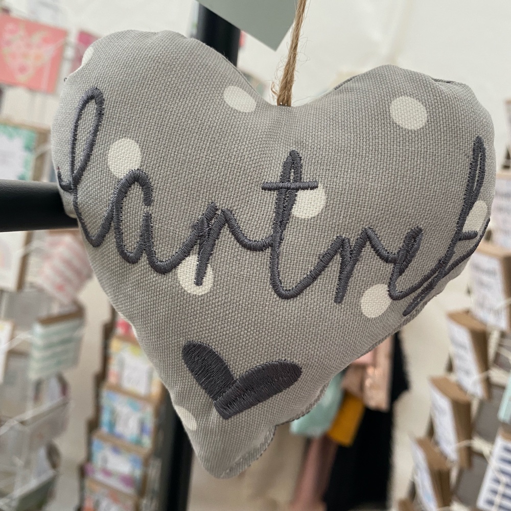 Addurniad Calon Cartref - Welsh Home Heart Hanging Decoration - Grey Spotty Pattern