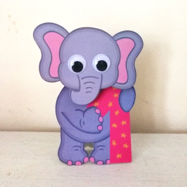 1st Birthday Elephant Wobbly Head Card