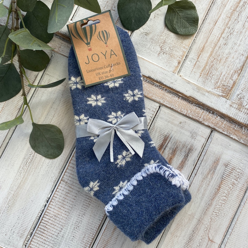 Blue & White Snowflake Cuff Socks