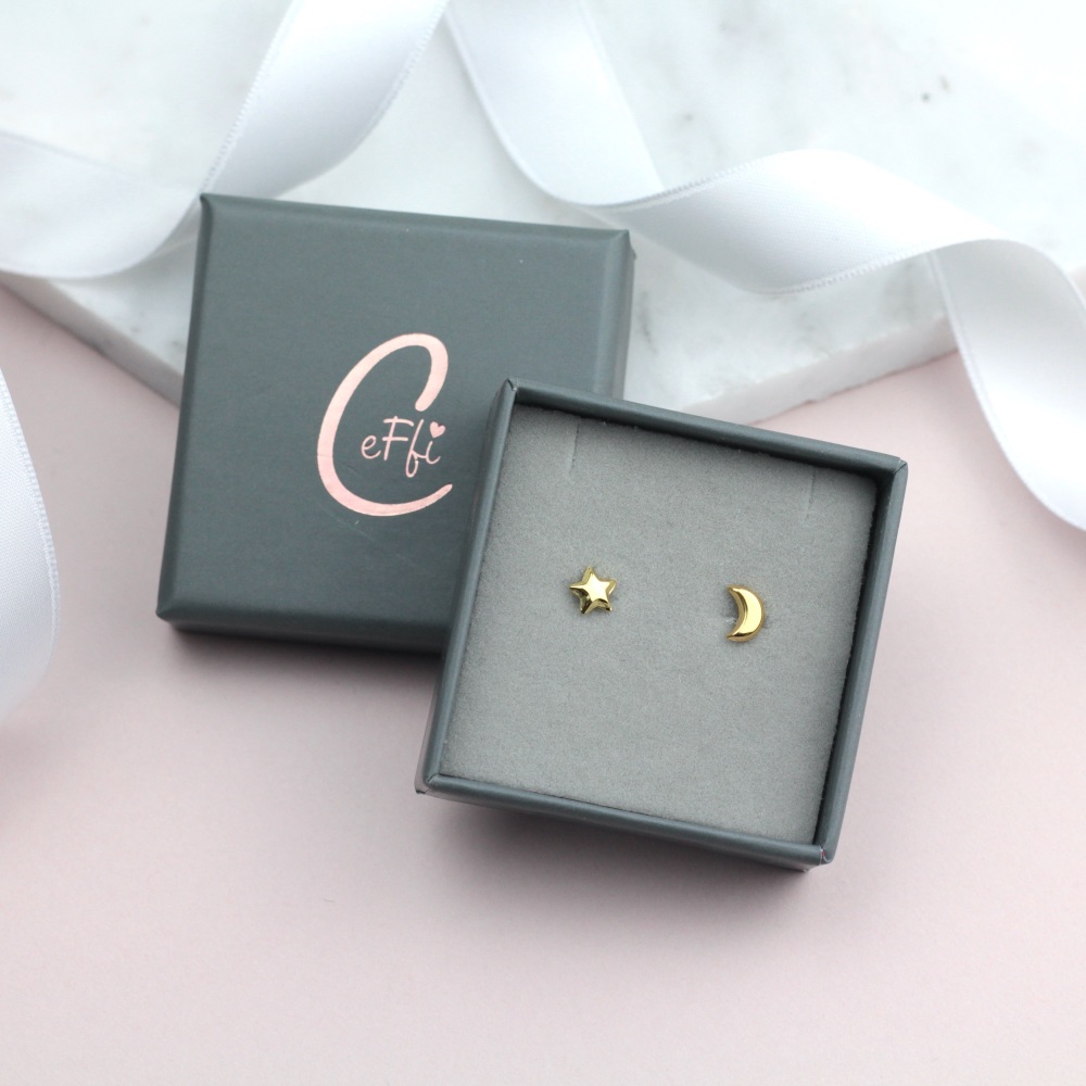 Sterling Silver Star & Moon Earrings in Gold - CeFfi Jewellery