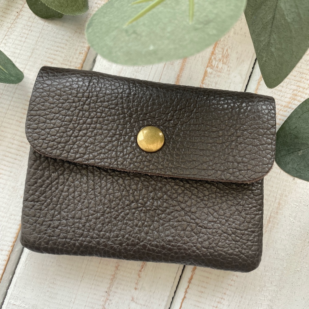 Leather Popper Coin Purse - Brown