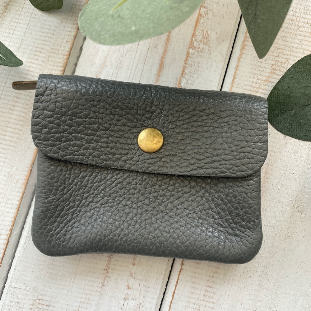 Leather Popper Coin Purse - Grey