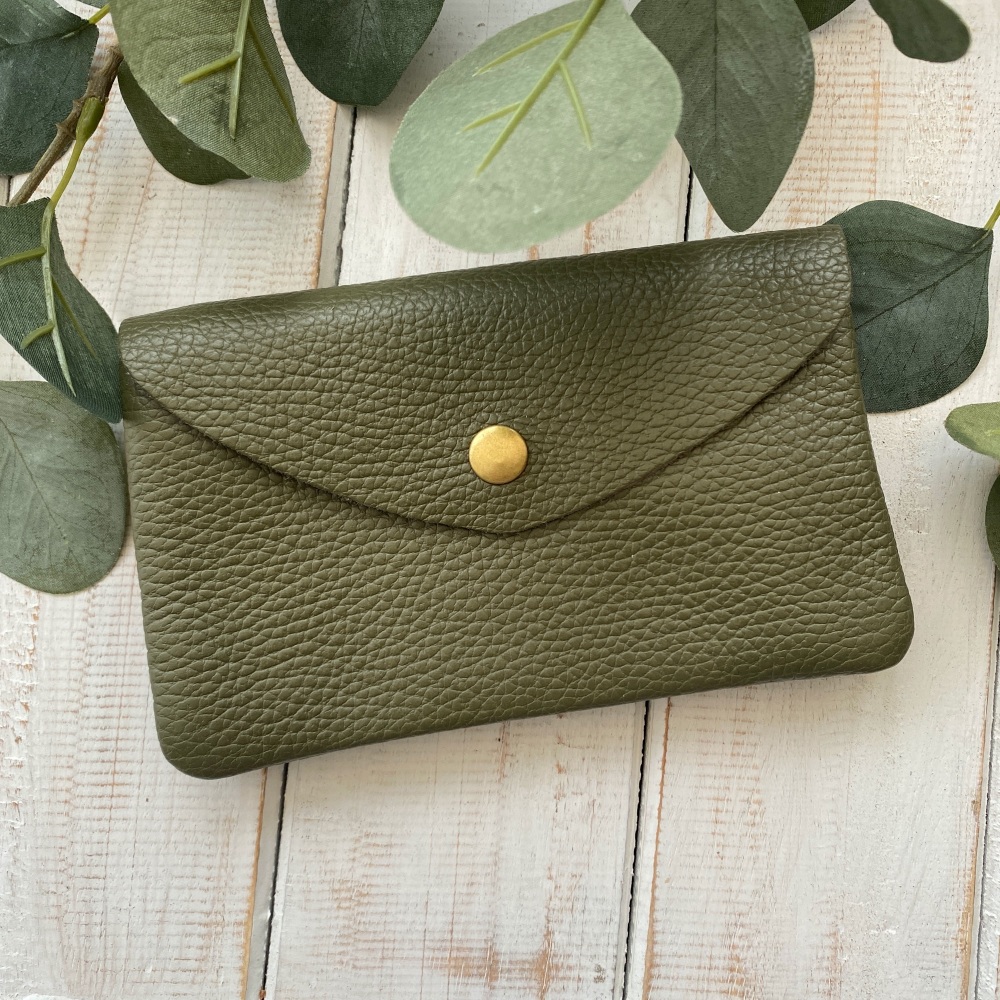 Leather Popper Coin Purse - Olive
