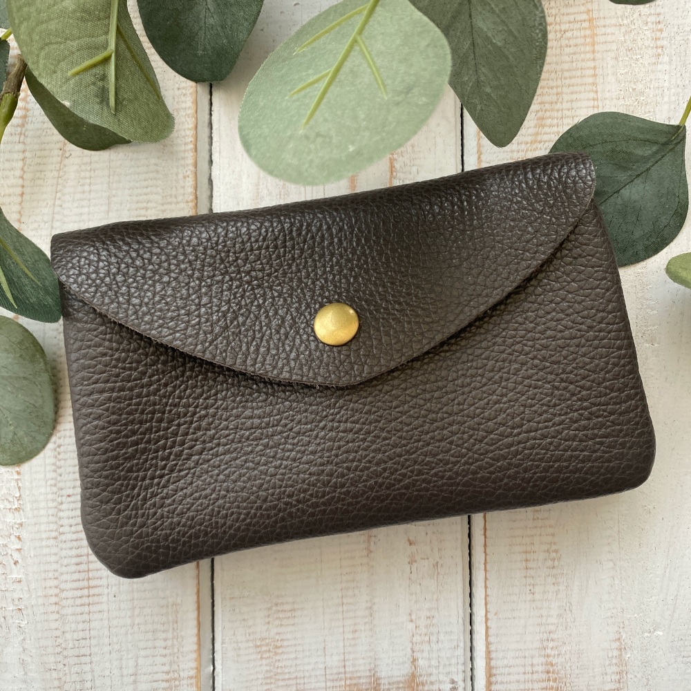 Leather Popper Coin Purse - Brown