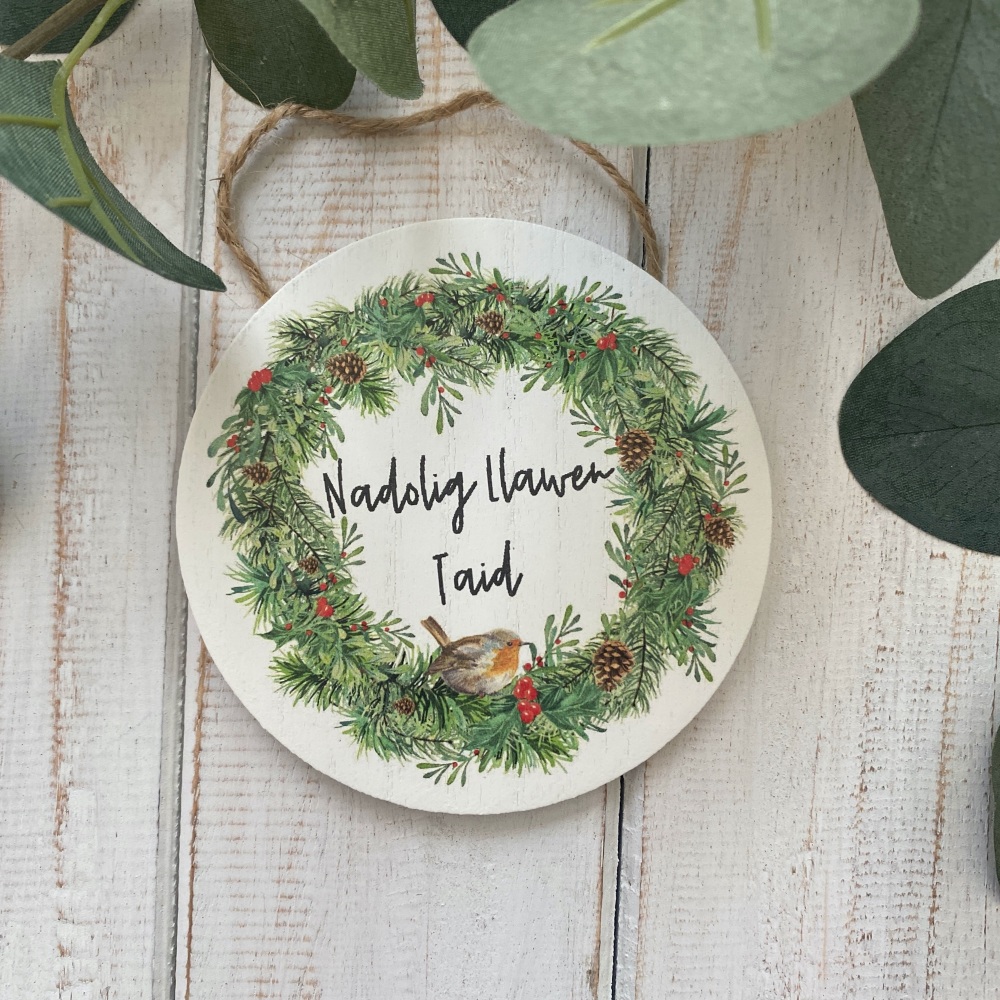 Nadolig Llawen Taid Wooden Decoration - Robin Wreath