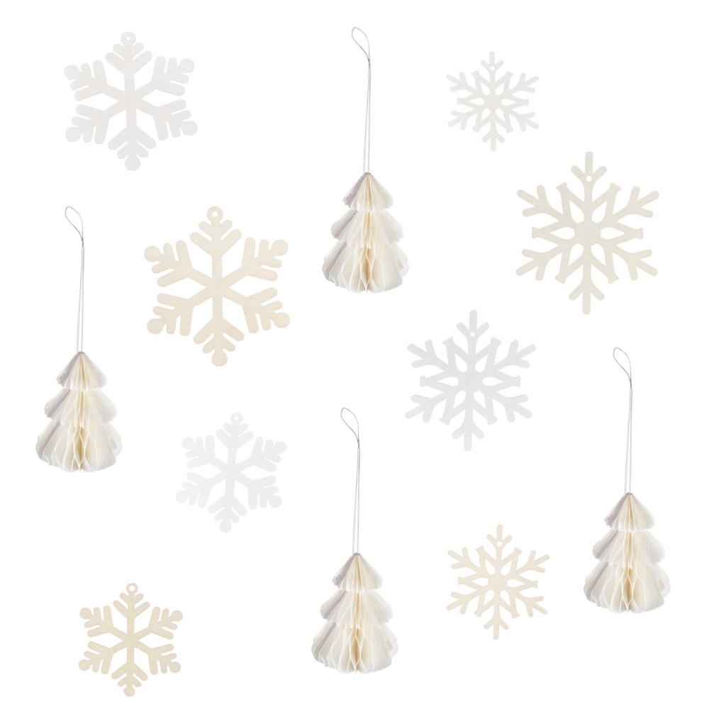 Wooden Snowflake & Tree Honeycomb Paper Decoration Pack