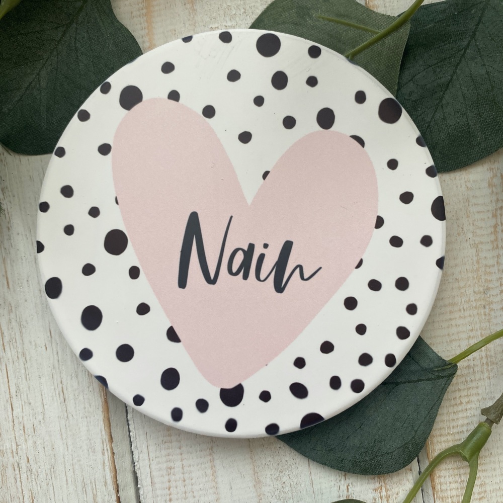 Coaster Nain Calon | Welsh Nain Dalmatian Heart Coaster