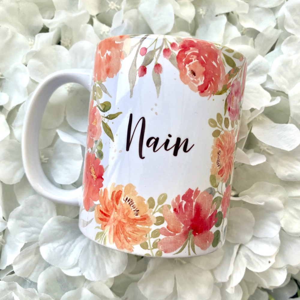 Mwg Nain Blodeuog | Welsh Nain Floral Mug