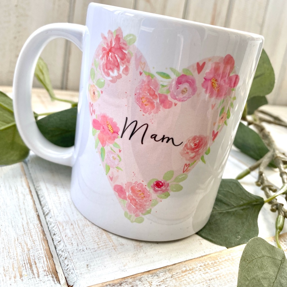 Mwg Mam Calon Blodeuog | Welsh Floral heart Mum Mug